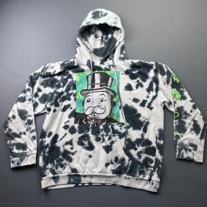 Monopoly Hoodie Mens M Black White Tie Dye Pullover Mr. Moneybags AOP Sweatshirt
